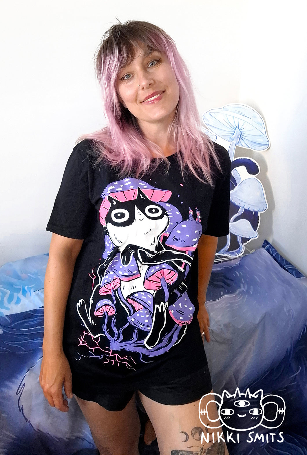 T-shirt with Mushroom Cat, Will-o'-Wisp - 100% organic cotton