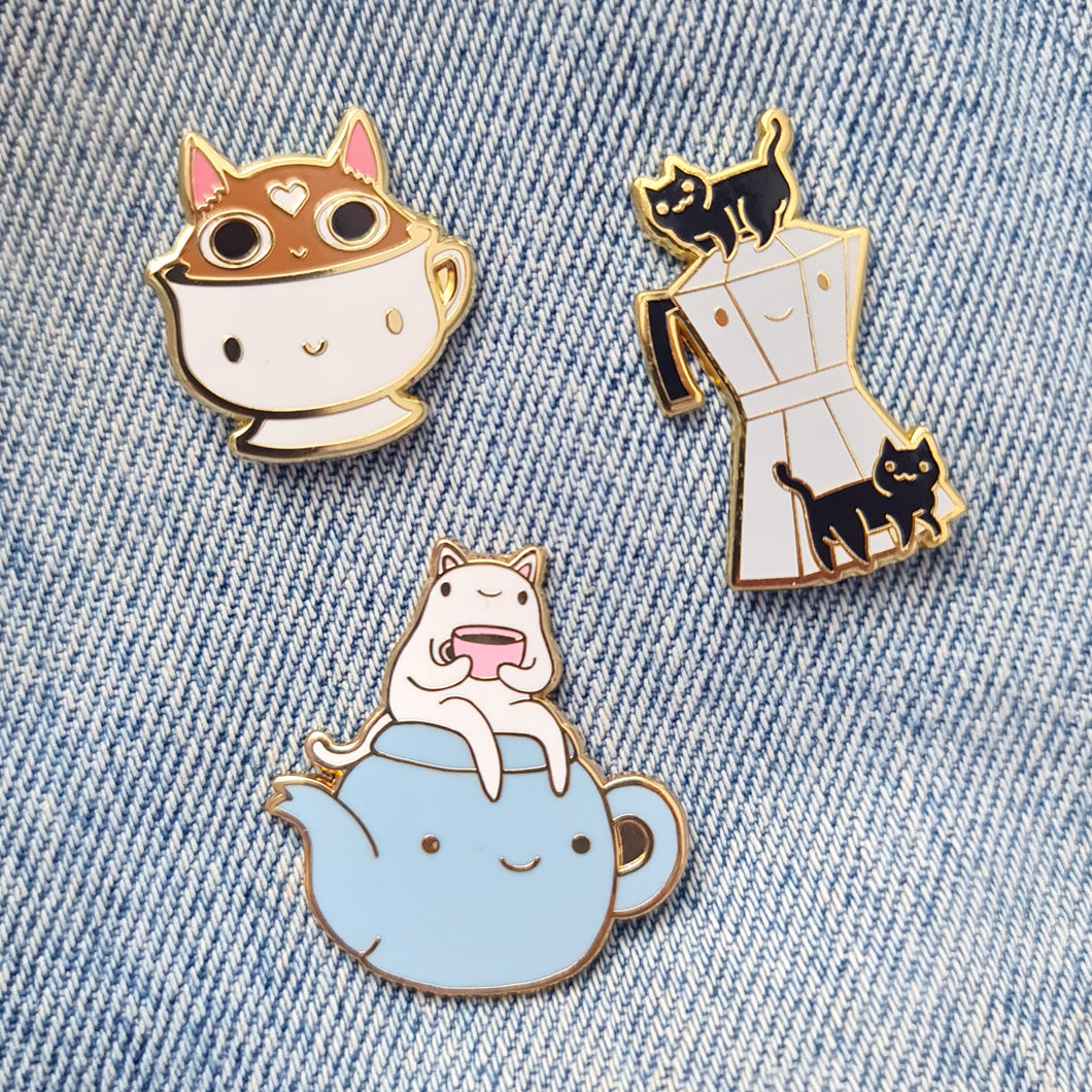 Enamel Pin Coffee and Tea Cats, Set of 3